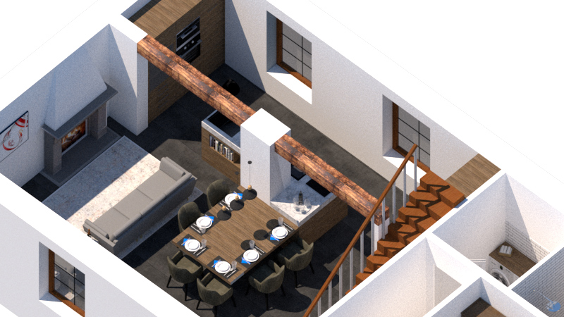 3D render view of the kitchen and the living room layout.