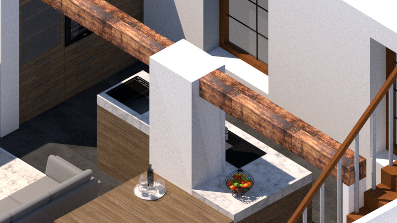 3D render view of the kitchen, showing the layout