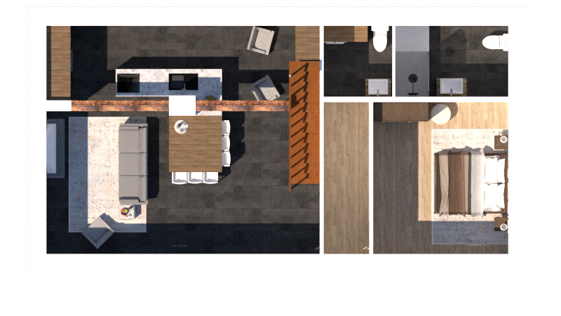 Render view of the suggested layout for the kitchen and living room.